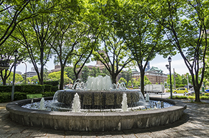 噴水と名古屋市役所のフリー写真素材